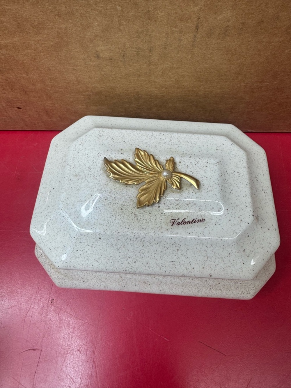 Valentino Cream Speckled Trinket Box with Gold Leaf Accent